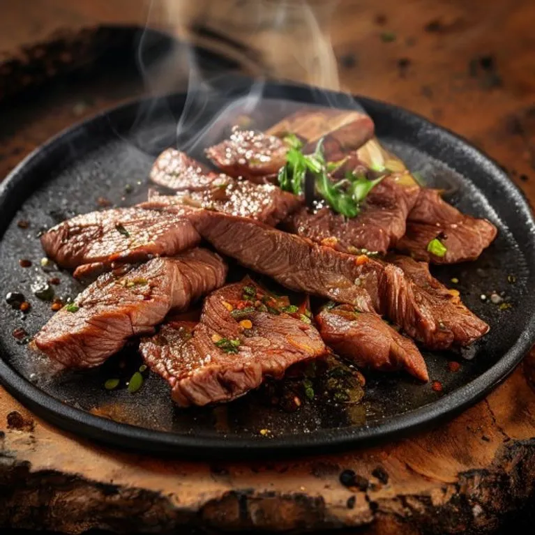 Fleisch brutzelt auf der heißen Platte