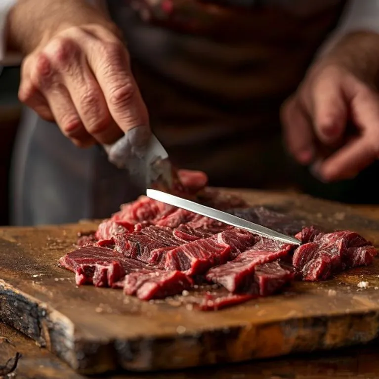 Hauchdünn geschnittenes Fleisch auf dem Brett
